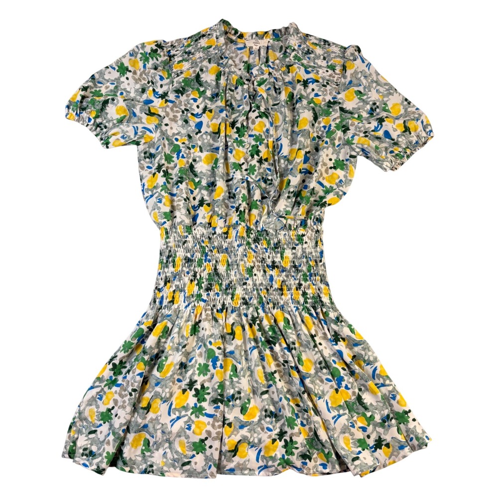 Entro Floral Smocked Waist Mini Dress Yellow Green Blue Abstract D20352 Large